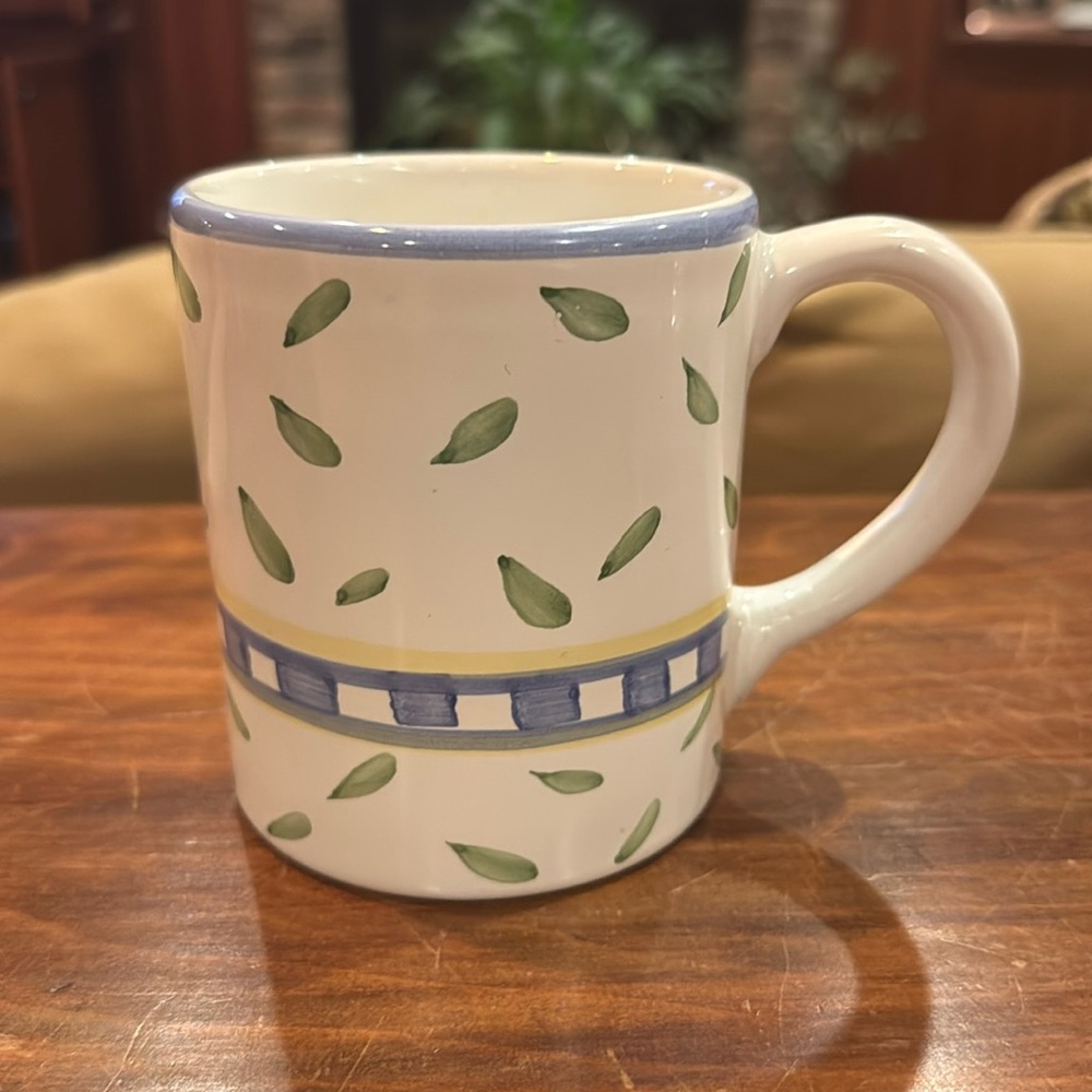 NWOT Vintage Williams Sonoma Blue Green Painted White Mug Cottagecore Made Italy